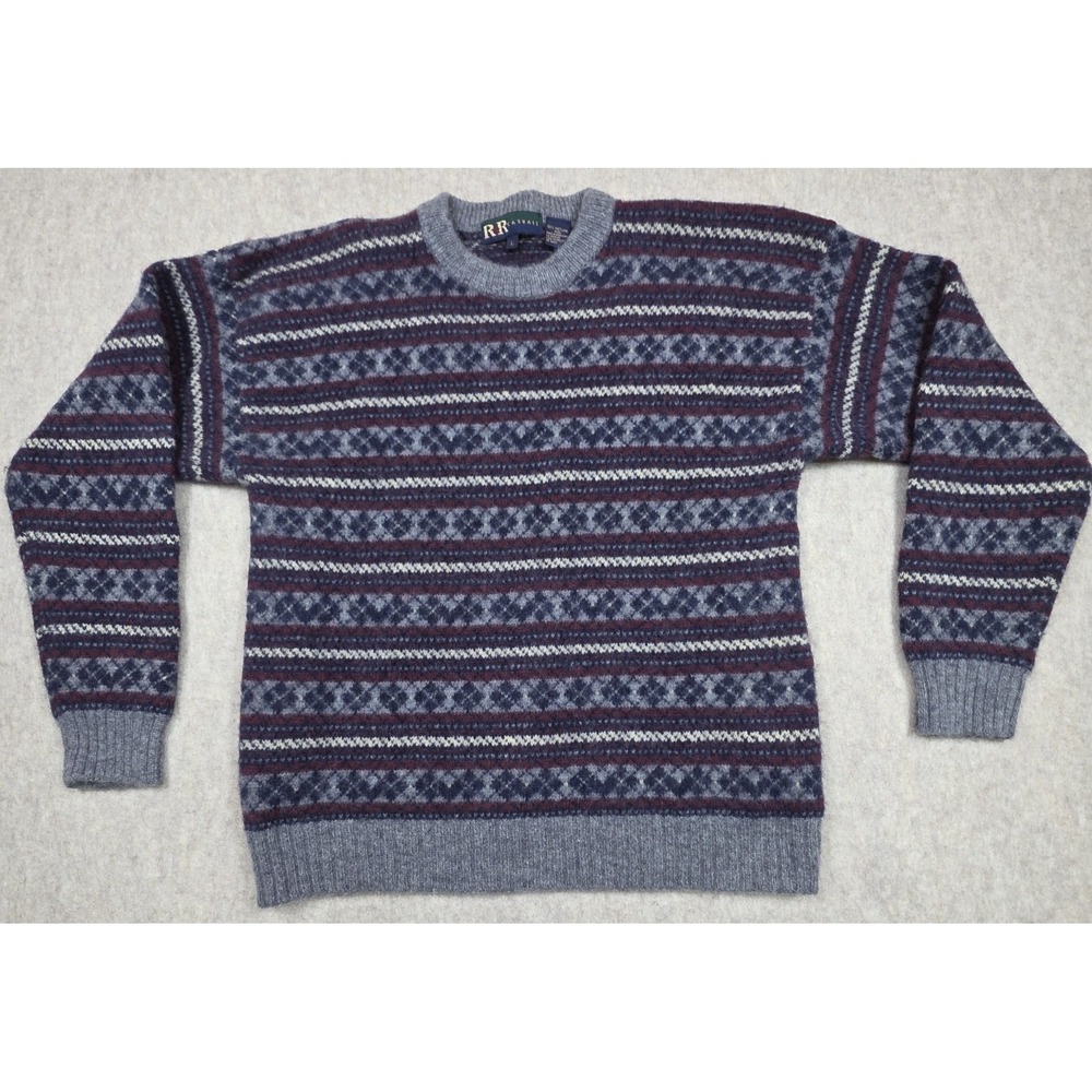 R&R Casuals 100% Wool Sweater Striped And Argyle Size Large Made In Hong Kong‎